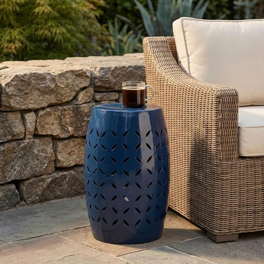 12" Outdoor Side Table, Metal Round Side Table, Multi Functional Decorative Cutout, Coffee Table, Night Stand, Plant Stand for Patio, Garden, Backyard, Gazebo Indoor (Dark Blue)