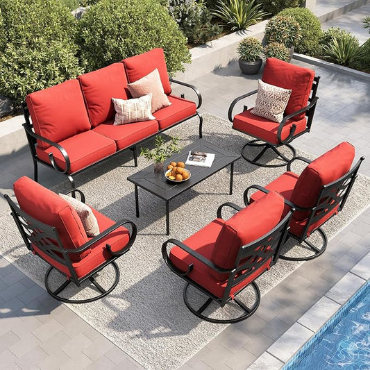 PHI VILLA Patio Furniture Set, 3-Seater Sofa, 4 Swivel Chairs and a Coffee Table, Outdoor Metal Conversation Set with 5.75" Extra Thick Cushion for Garden Backyard Deck, Red