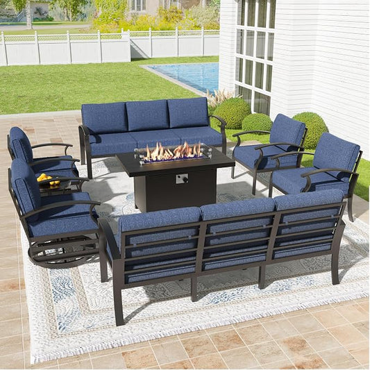 Kullavik Aluminum Patio Furniture Set,8 Piece Modern Metal Outdoor Patio Furniture w/5.1'' Thick Cushion,Swivel Chairs and 45" Propane Fire Pit Table,Patio Conversation Sets for Porch,Deck,NavyBlue