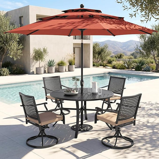 PHI VILLA Outdoor Round Table Set w/Umbrella, Patio Metal Furniture for 4 | 42" wrought iron table & swivel chairs. 10ft red umbrella. 5pc dining set for deck, porch, backyard.