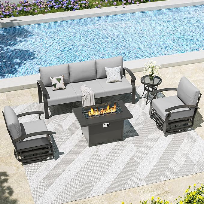 Kullavik Aluminum Patio Furniture Set,5 Piece Modern Metal Outdoor Patio Furniture w/5.1'' Thick Cushion,Swivel Chairs and 45" Propane Fire Pit Table,Patio Conversation Sets for Porch,Deck,Grey