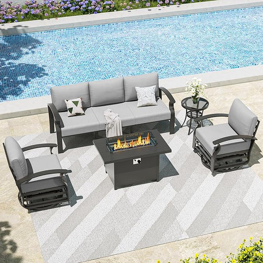 Kullavik Aluminum Patio Furniture Set,5 Piece Modern Metal Outdoor Patio Furniture w/5.1'' Thick Cushion,Swivel Chairs and 45" Propane Fire Pit Table,Patio Conversation Sets for Porch,Deck,Grey