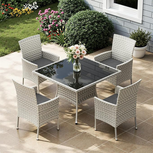 5-Piece Patio Dining Set, Patio Furniture Set with Square Tempered Glass Table & 4 Wicker Chairs, Expandable Design for Larger Groups, Outdoor Furniture for Backyard, Deck, Garden, Grey
