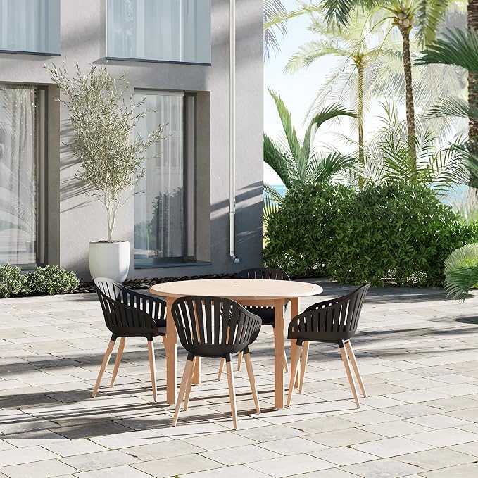 Urban Elements Nature 5-Piece Wood Patio Furniture Set | Teak Finish 100% FSC Eucalyptus | Backyard Furniture, Outside Table and Chairs, Round Outdoor Dining Set for 4, Patio Dining Set for 4 (Black)