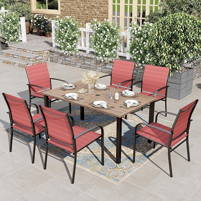 HERA'S HOUSE 7pc Patio Dining Set, Outdoor Wood-Like Metal Table & 6 Chairs | Red textilene chairs + 60" rectangle table with umbrella hole. Waterproof, rust-resistant, all-weather for deck, garden