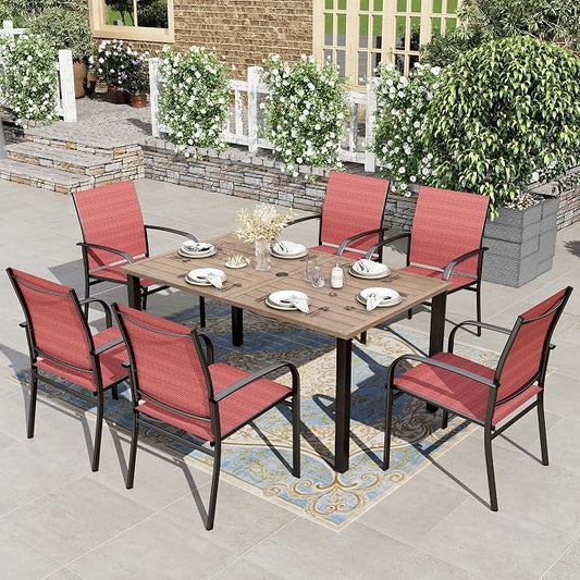 HERA'S HOUSE 7pc Patio Dining Set, Outdoor Wood-Like Metal Table & 6 Chairs | Red textilene chairs + 60" rectangle table with umbrella hole. Waterproof, rust-resistant, all-weather for deck, garden