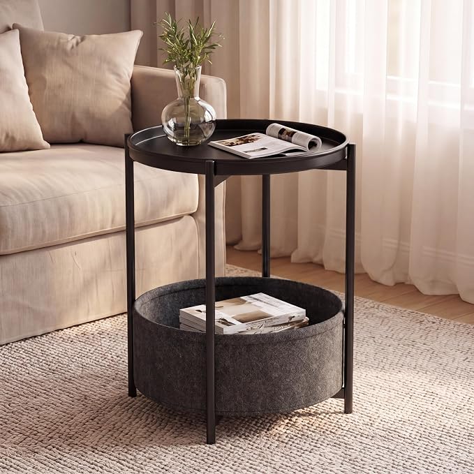 Garden 4 you Side Table with Fabric Storage Basket, Round Metal End Table, Small Bedside Table Nightstand with Removable Tray, for Nursery, Living Room, Bedroom, Bathroom, Black