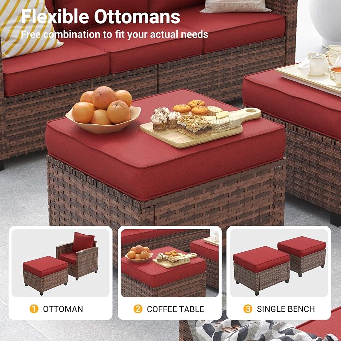 6 Pcs Patio Furniture Set with 44" Propane Gas Fire Pit Table, Rattan Outdoor Couch with Ottomans, 4" Thick Cushions for Backyard Garden Deck,Wine Red