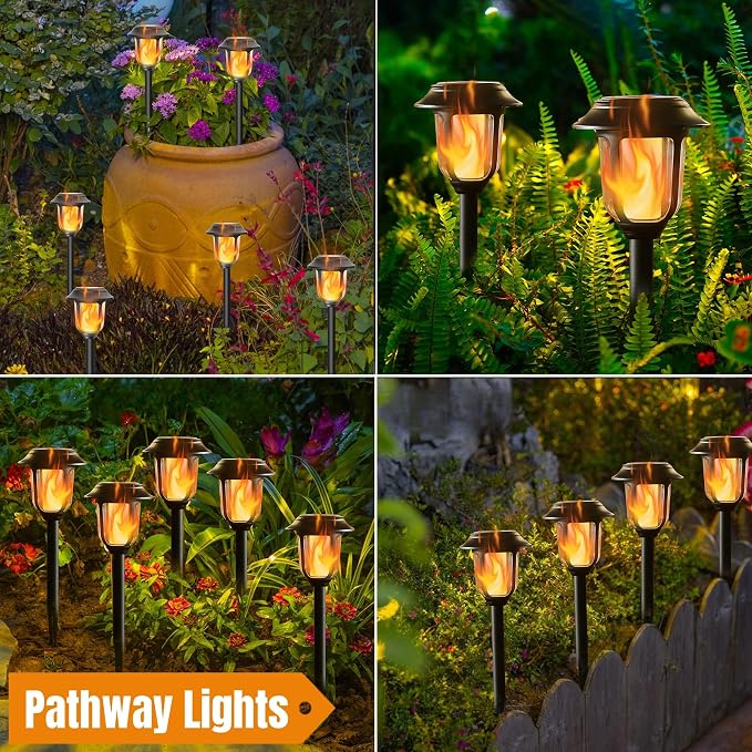 Dynaming Dual Use Solar Flame Lights Outdoor 6 Pack, Solar Flickering Flame Pathway Lights, Hanging Lantern Light, Auto On/Off & Waterproof for Garden Lawn Patio Yard Walkway Deck Driveway