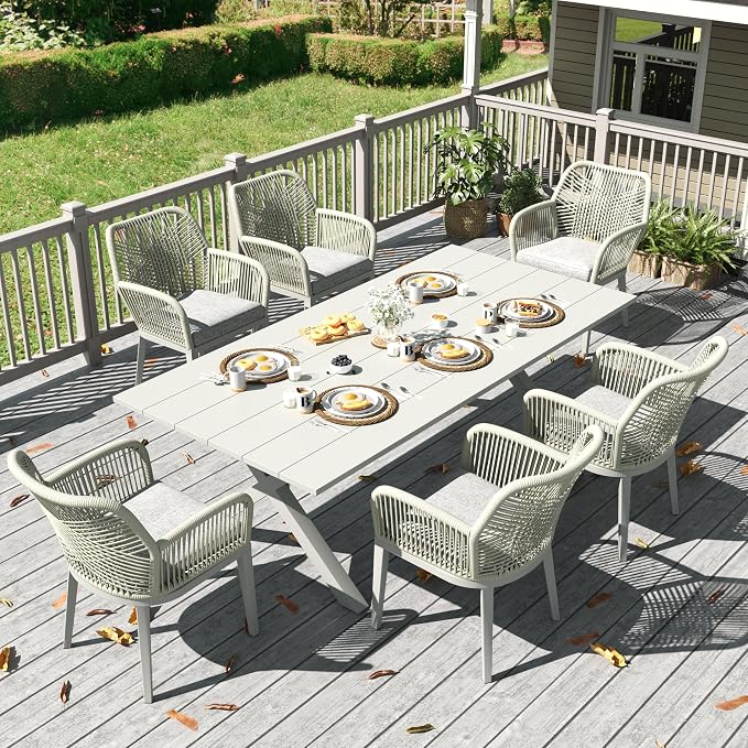 LayinSun Outdoor Dining Set for 6, 7 Pieces Patio Furniture Sets with Aluminum Dining Table and Rope Weave Chairs