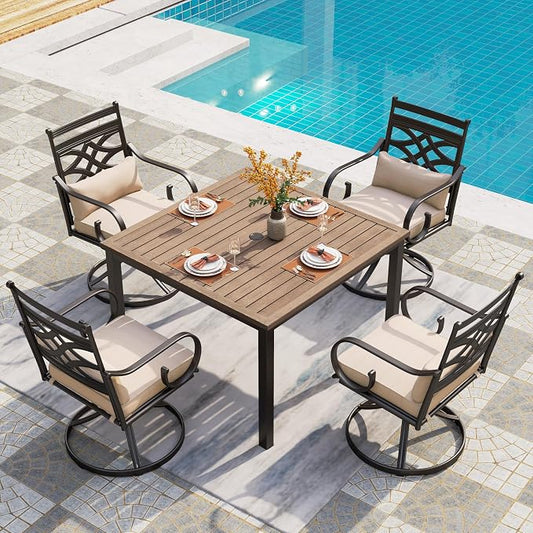PHI VILLA Patio Dining Set, Swivel Chairs, Square Metal Table | Metal chairs, Beige, Cushions, E-coated