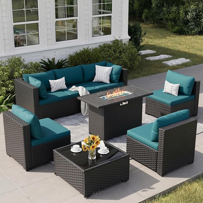 8 Piece Patio Furniture Set with 43" Fire Pit Table, Outdoor Sectional Wicker Rattan Sofa Set with Coffee Table (Peacock Blue/Black)