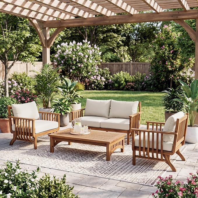 Merax 4-Piece Mid-Century Modern Acacia Wood Patio Seating Set | Outdoor Conversation Set with Loveseat, Club Chairs & Slatted Coffee Table, Weather-Resistant Cushions for Deck Poolside