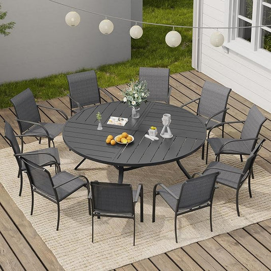 VICLLAX 11 Pieces Round Patio Dining Set, Patio Furniture Set of 10 Patio Stackable Dining Chairs and 63" Outdoor Spliced Tabletop with Umbrella Hole, Dark Grey Chairs and Black Table