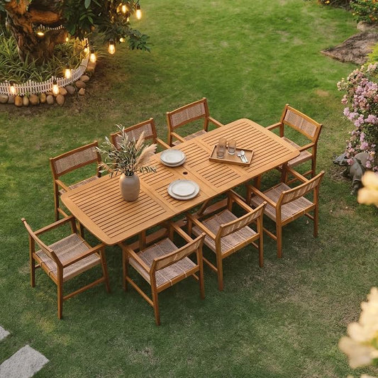 NTC Flexa Extendable Outdoor Dining Table, 63"–94.5" Solid Wood Patio Table for Patio Dining Sets with Umbrella Hole, Seats 6–10, Weather Resistant, Easy Assembly, Natural