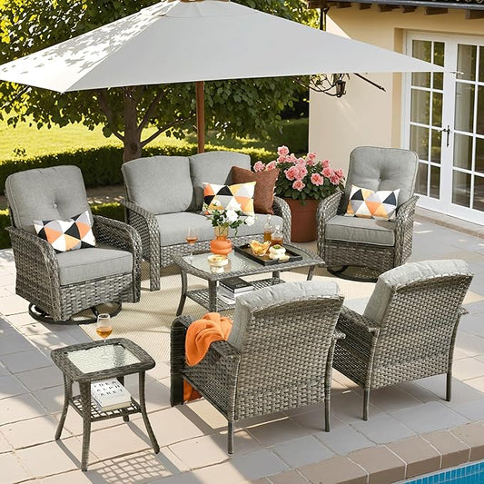 ovios 7-Piece Patio Furniture Set, Outdoor Wicker Sofa with Swivel Chairs Coffee Table, High Back Rattan Couch Loveseat with Comfy Cushions for Porch Yard Deck, Dark Grey