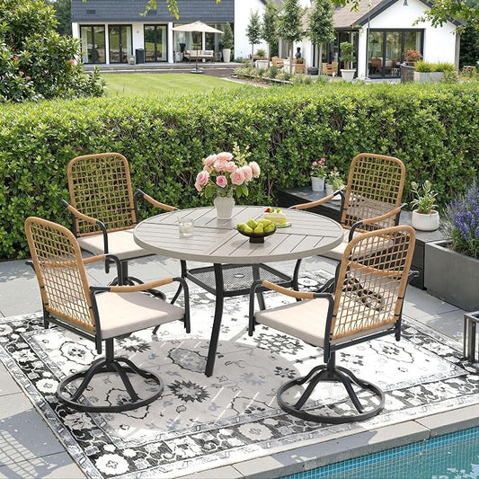 DIFY 5 Pieces Outdoor Dining Set, Metal Patio Table and Chairs Set for 4, 40.6" Round Dining Table with Umbrella Hole & Wicker Swivel Patio Chairs with Cushions, Grey Wood-Like Tabletop