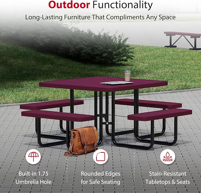 Leisure Craft Metal Picnic Table with Bench - 46" Square Outdoor Dining Table for 8 with Umbrella Hole, Weatherproof Heavy Duty Thermoplastic Coating, Commercial Grade Furniture Made in USA - Burgundy