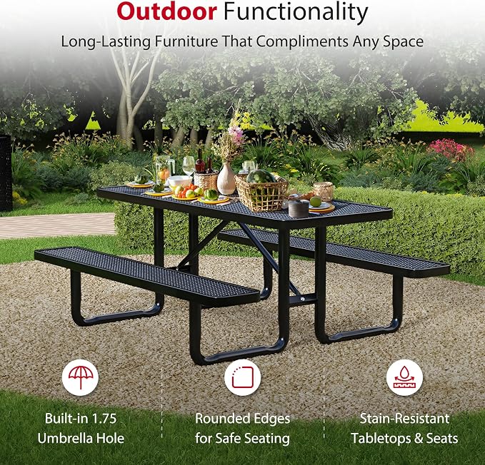 Leisure Craft Metal Picnic Table with Bench - 8 ft Rectangle Outdoor Dining Table for 8, Umbrella Hole, Weatherproof Heavy Duty Thermoplastic Coating, Commercial Grade Furniture Made in USA - Black