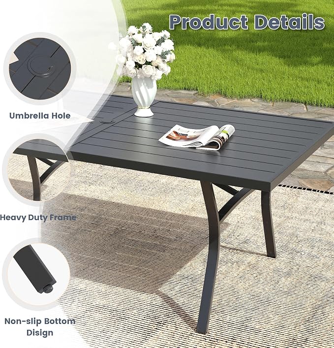 VICLLAX 63" Patio Dining Table for 6, Outdoor Rectangular Metal Table with Umbrella Hole for Porch Backyard Garden Deck, Black