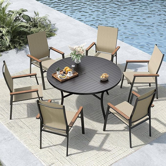 MFSTUDIO 7 PCS Patio Dining Set, 54" Round Table & Aluminum Chairs, Beige | Stackbale chairs, Light-weight & space-saving, Square Table, Umbrella Hole, Patio deck, 6 person
