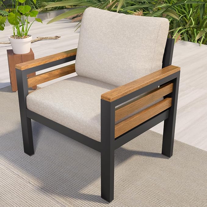 4-Piece Outdoor Furniture Sofa Set for 5 People with Acacia Wood Armrests, Patio Conversation Set with Removable Cushion and Solid Wood Coffee Table for Garden (Beige#46)