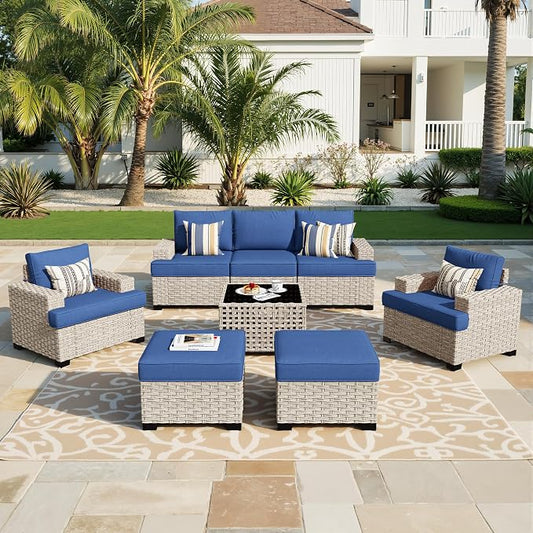 Weaxty 8 Pieces Outdoor Furniture Set, Patio Sectional Sofa Wide Seats Couch Chair with Ottoman Solar Table, Thick Cushion All-Weather Rattan Patio Conversation Sets for Backyard Porch Deck, Blue
