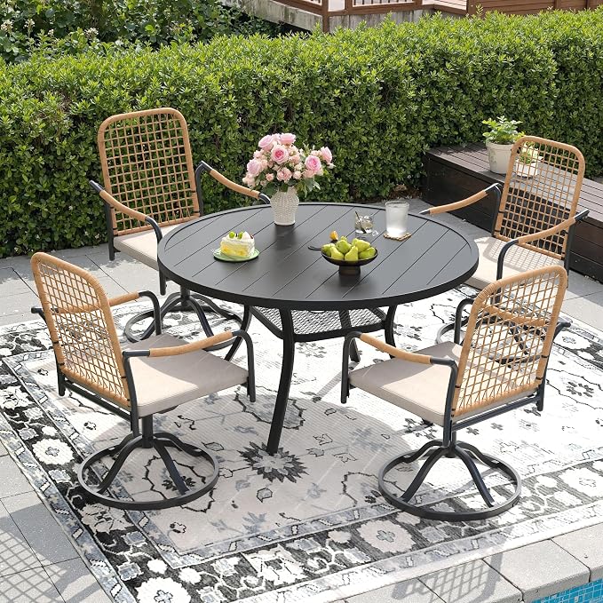 DIFY 5 Pieces Outdoor Dining Set for 4, 47.2" Round Dining Table with Umbrella Hole & Wicker Swivel Patio Chairs with Cushions, Metal Patio Table and Chairs Set for Backyard Porch Garden, Black
