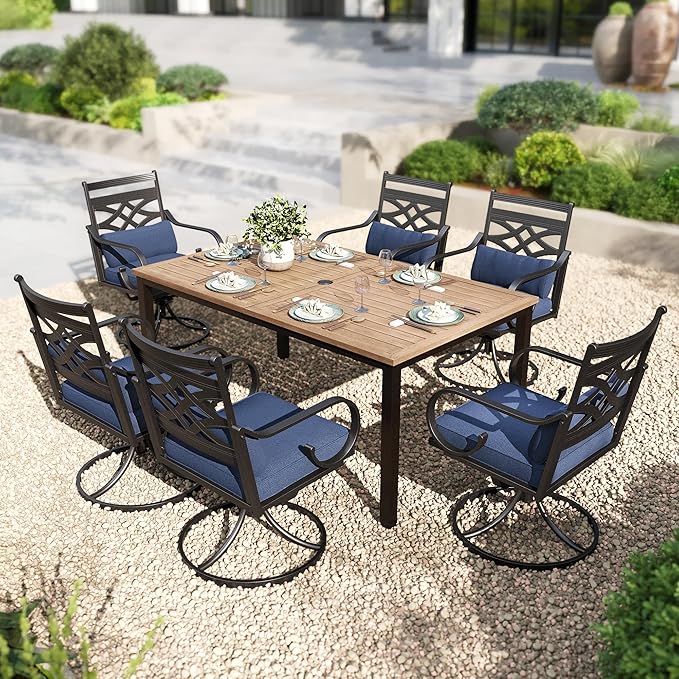 PHI VILLA Patio Dining Set, Swivel Chairs, Metal Table | Metal chairs, Blue Cushion, Umbrella Hole, Cushions, E-coated