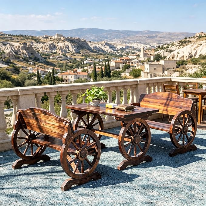 3 Pieces Patio Dining Set, Outdoor Wooden Rectangular Table and Benches,Rustic Wheel Bench Outside Furniture Set for Patio Porch,Deck, Lawn, Garden and Backyard(59in)