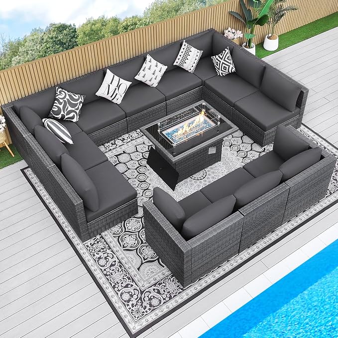 BULEXYARD 13 Piece High Back Outdoor Furniture Sets with Fire Pit, Luxury Patio Sectional Couch Sofa 12-Seater Modular, Comfortable Extra Large Wide Deep Backyard Seating Conversation Set, Dark Grey