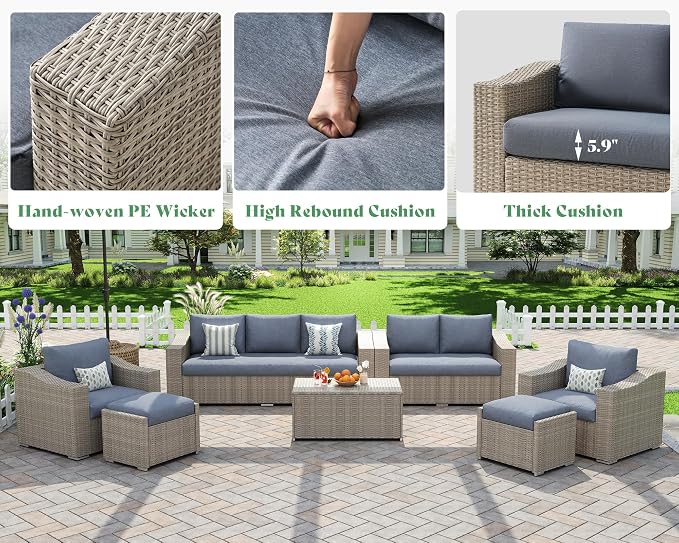 AMERLIFE 10-Piece Wicker Patio Furniture Set, Rattan Sectional Sofa with Storage Coffee Table & 2 Ottomans, All-Weather Outdoor Conversation Set for Backyard, Deck, Grey