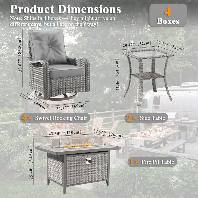 7 Piece Wicker Patio Furniture Set with 55,000 BTU Fire Pit Table, Swivel Rocking Chairs, 4''Cushions, PE Rattan, Wind Guard Glass, for Backyard, Deck or Balcony, Grey