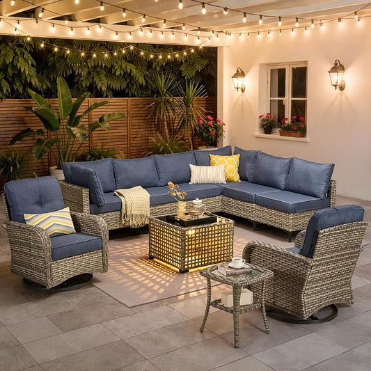 10 Pieces Patio Furniture Set, Outdoor Conversation Set with 360° Swivel Rocker Chairs, Wicker Sectional Sofa Solar Coffee Table, High Back Outdoor Furniture L Shaped Couch for Porch Deck, Denim Blue
