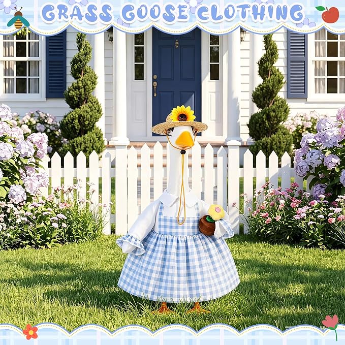 FuWeave Spring Summer Goose Outfit Porch Goose Clothes for 23" Large Statue Outdoor Patio Yard Lawn Art Decoration, Blue Plaid Dress Sunflower Hat