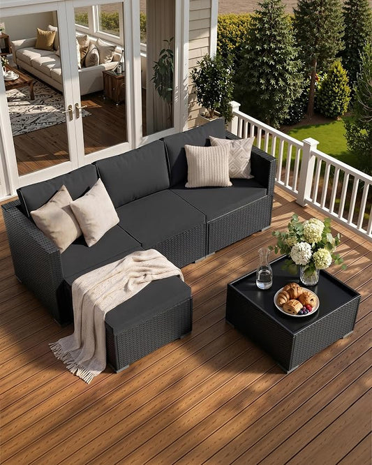 Skyfish Patio Furniture Set - Wide Armrests - All-Weather 5 Piece Outdoor Wicker Sectional Couch with Chaise Lounge,Couch Conversation Set, PE Rattan Sofa for Backyard Porch Poolside Black/Medium Gray