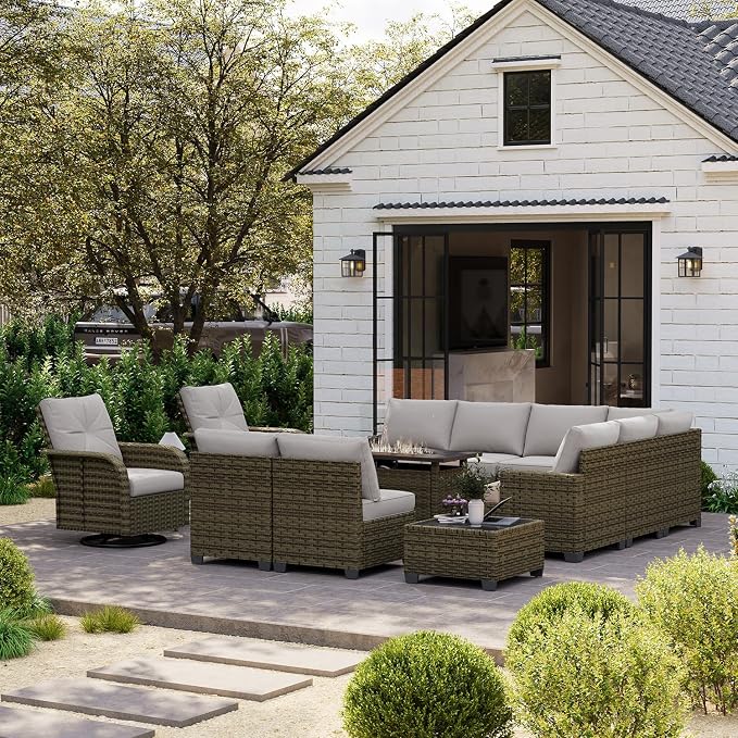 LazySunsets Luxury Patio Furniture Set with Fire Pit Table，All-Weather Patio Sectional Sofas with Thickened Cushions, 13 Piece Outdoor Furniture Sectional Set with Swivel Rocker Chairs of 2，Grey