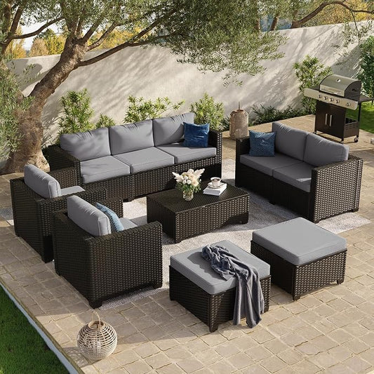 Aoxun 10 Piece Outdoor Patio Furniture Set 9 Seats, Outdoor Sectional with Thick Waterproof Cushions, Patio Conversation Sets for Garden,Backyard, Porch, Balcony, Deck, Black & Gray
