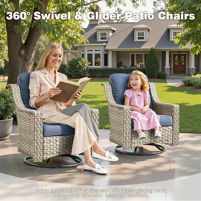 CAODOC 11 Pieces Outdoor Patio Furniture Set, Rattan Wicker Sectional Swivel Rocker Chairs Sets with Fire Pit, Swivel Glider Chairs, and Solar Powered Table
