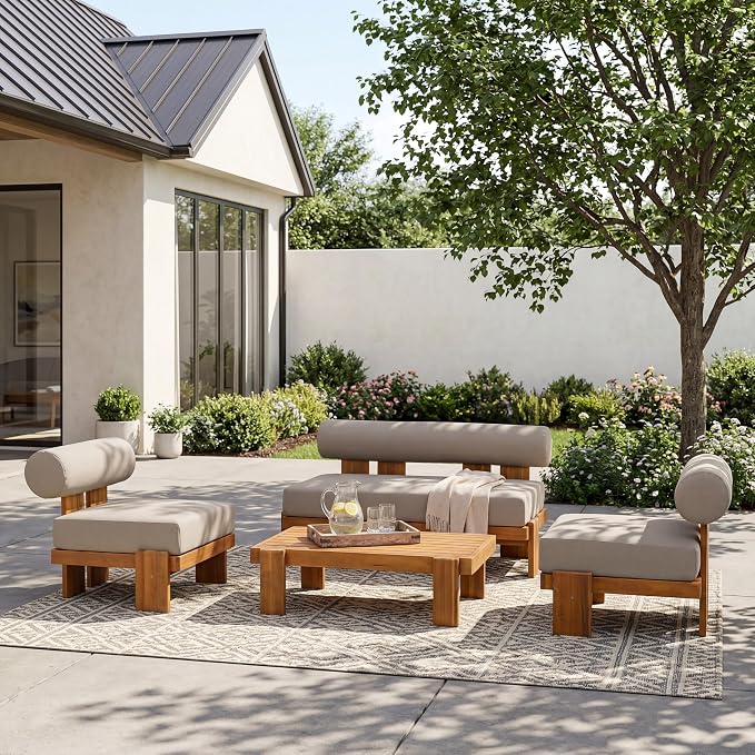Merax 4-Piece Patio Conversation Set with Acacia Wood Frame, Waterproof Cushions & Round Backrest – Loveseat, 2 Club Chairs & Coffee Table for Garden, Deck & Balcony, Light Brown+Teak