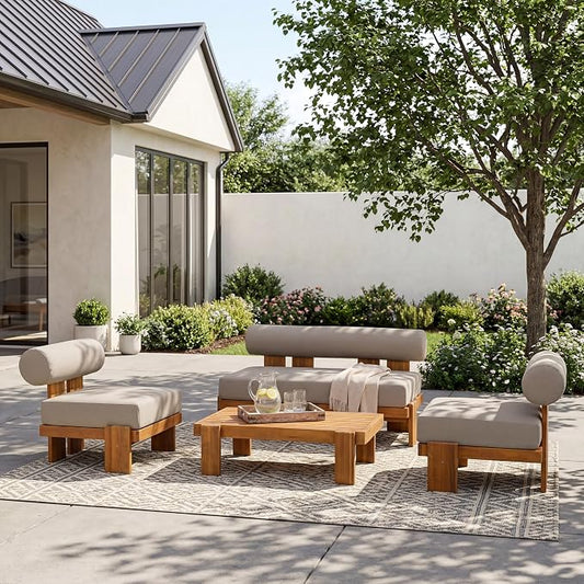 Merax 4-Piece Patio Conversation Set with Acacia Wood Frame, Waterproof Cushions & Round Backrest – Loveseat, 2 Club Chairs & Coffee Table for Garden, Deck & Balcony, Light Brown+Teak