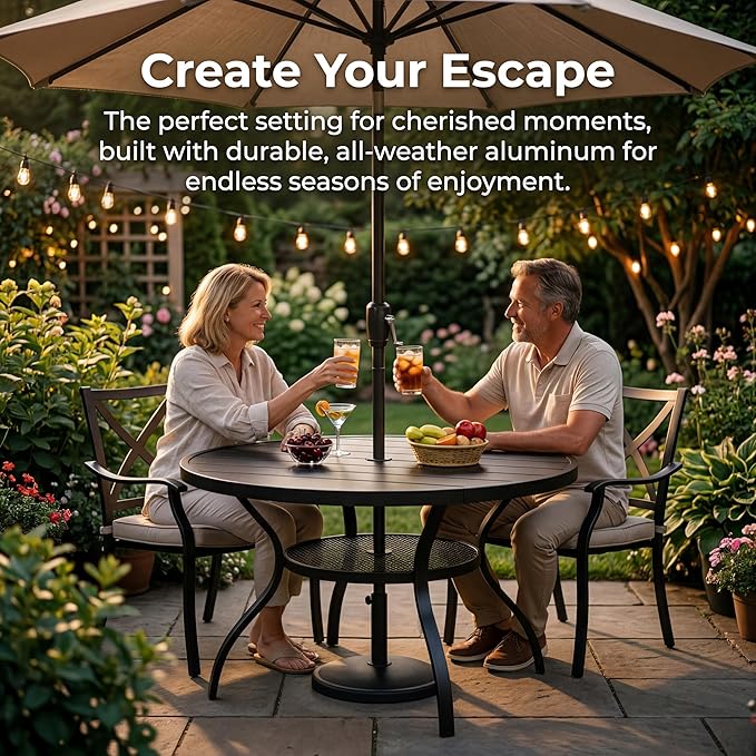 Patio Dining Table, 41" x 41" Outdoor Round Metal Table with1.57 Umbrella Hole, for Backyards, Porches, Gardens or Poolside, Black