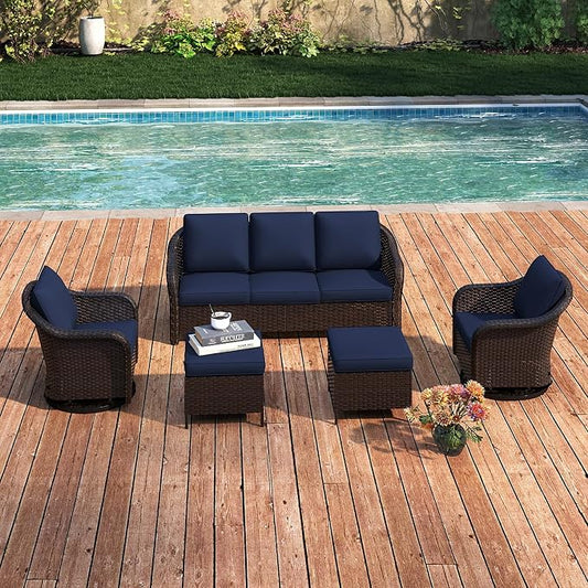 5 Piece Patio Wicker Conversation Set, All-Weather Use Outdoor Wicker Sofa with 2 PE Rattan Ottomans,2 Swivel Chair, Ideal for Porch, Backyard, Balcony, Poolside, Blue