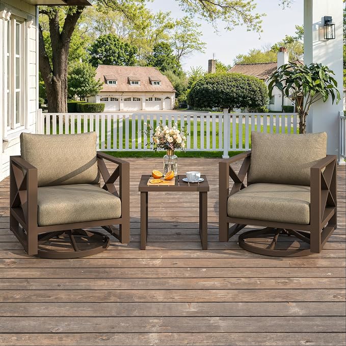 3 Piece Aluminum Rocking Patio Furniture Set, Modern Outdoor Patio Conversation Sets with Ergonomic Swivel Chairs, 6" Thick Washable Cushions and Coffee Table for Balcony, Porch, Backyard,Brown