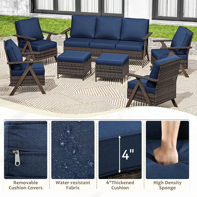 7 Pieces Patio Furniture Set,Outdoor Sofa & High Back Wicker Patio Chairs, Patio Conversation Set with Ottoman for Deck Yard and Poolside
