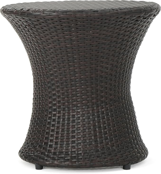 Outdoor Wicker Side Table, Lightweight & Water-Resistant All-Weather, Small Rattan End Table Hourglass Shape Wicker Patio Table, for Patio Porch Living Room, Brown