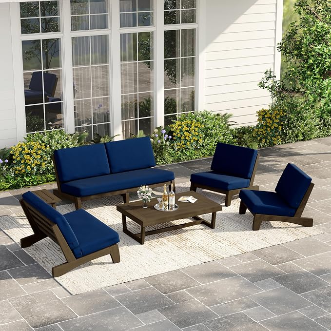 6 Piece Wood Outdoor Patio Frutnire Set, 7 Seater Patio Conversation Sets with Thick Cushions, Outdoor Sectional Furniture with Coffee Table - Navy Blue
