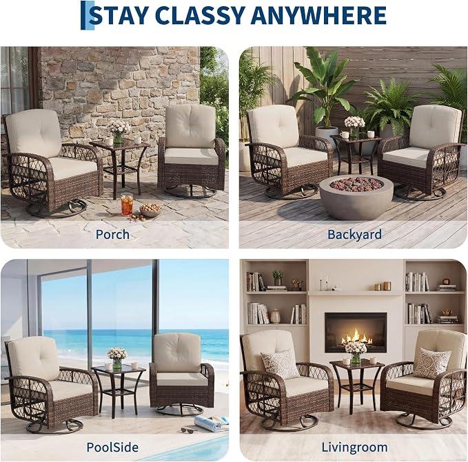 3-Piece Patio Furniture Set, 2 Swivel Rocking Chairs with 1 Rattan Side Table, Tempered Glass Tabletop, Patio Conversation Set for Deck, Porch, Garden, Poolside (Brown Wicker & Beige Cushions)