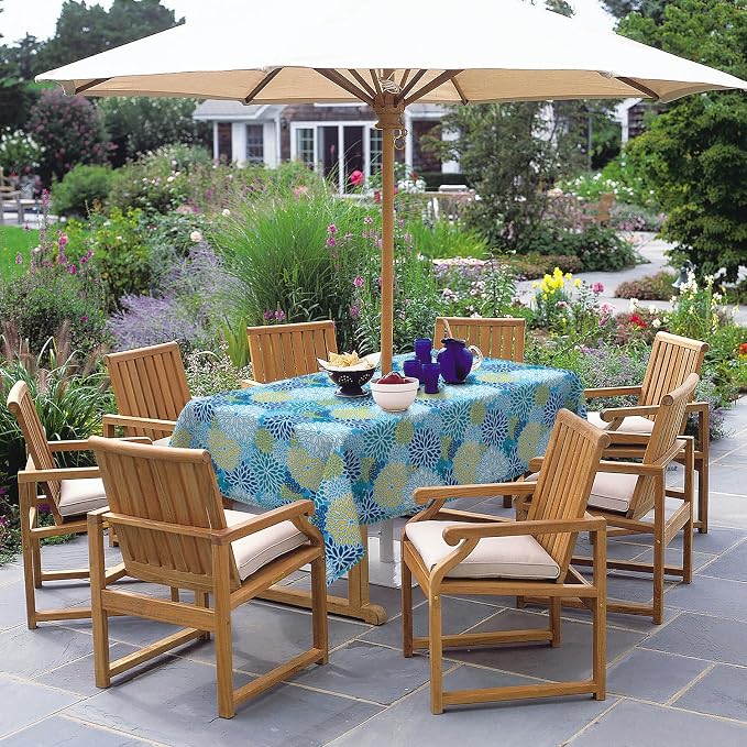 DYTXIII Outdoor Rectangle Tablecloth with Umbrella Hole and Zipper 84" x 60", Water Repellent Floral Picnic Cover, Fade & Wrinkle Resistant Tablecloth for Patio/Garden/Party Table, Dahlia Blue