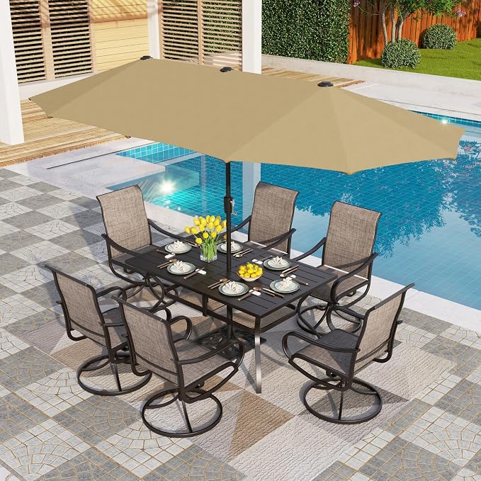 PHI VILLA Patio Dining Set with 13ft Umbrella for 6, Swivel Mesh Chairs | 60'' metal rectangular table, 6 brown outdoor textilene chairs and 13ft beige umbrella(NO BASE) for deck, garden, backyard